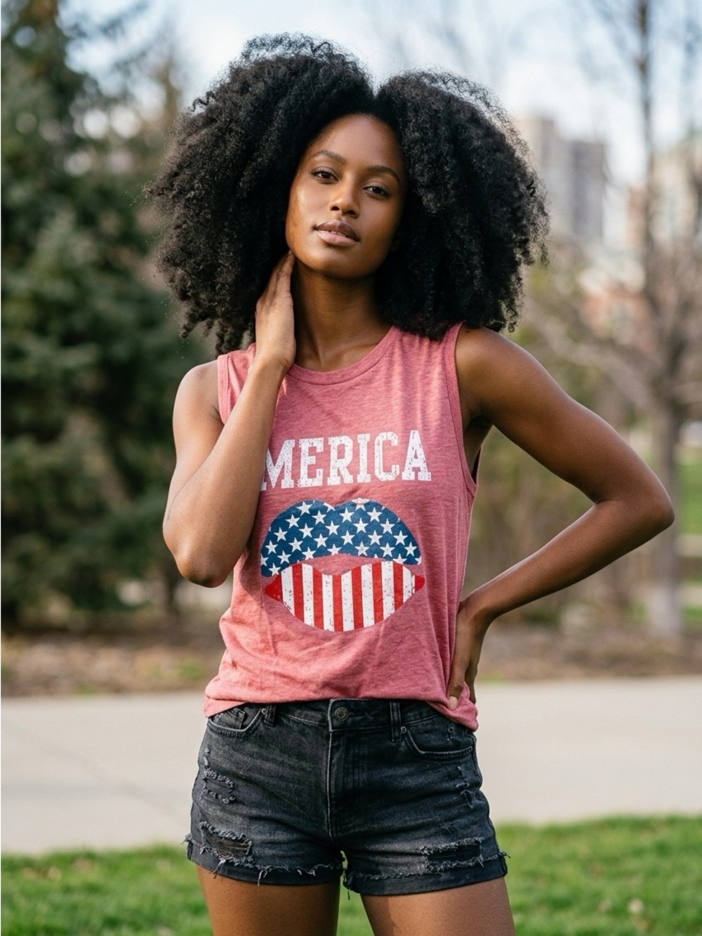 NWT Women’s Red Tank ‘Merica Graphic Patriotic Red White Blue Lips - Size Large